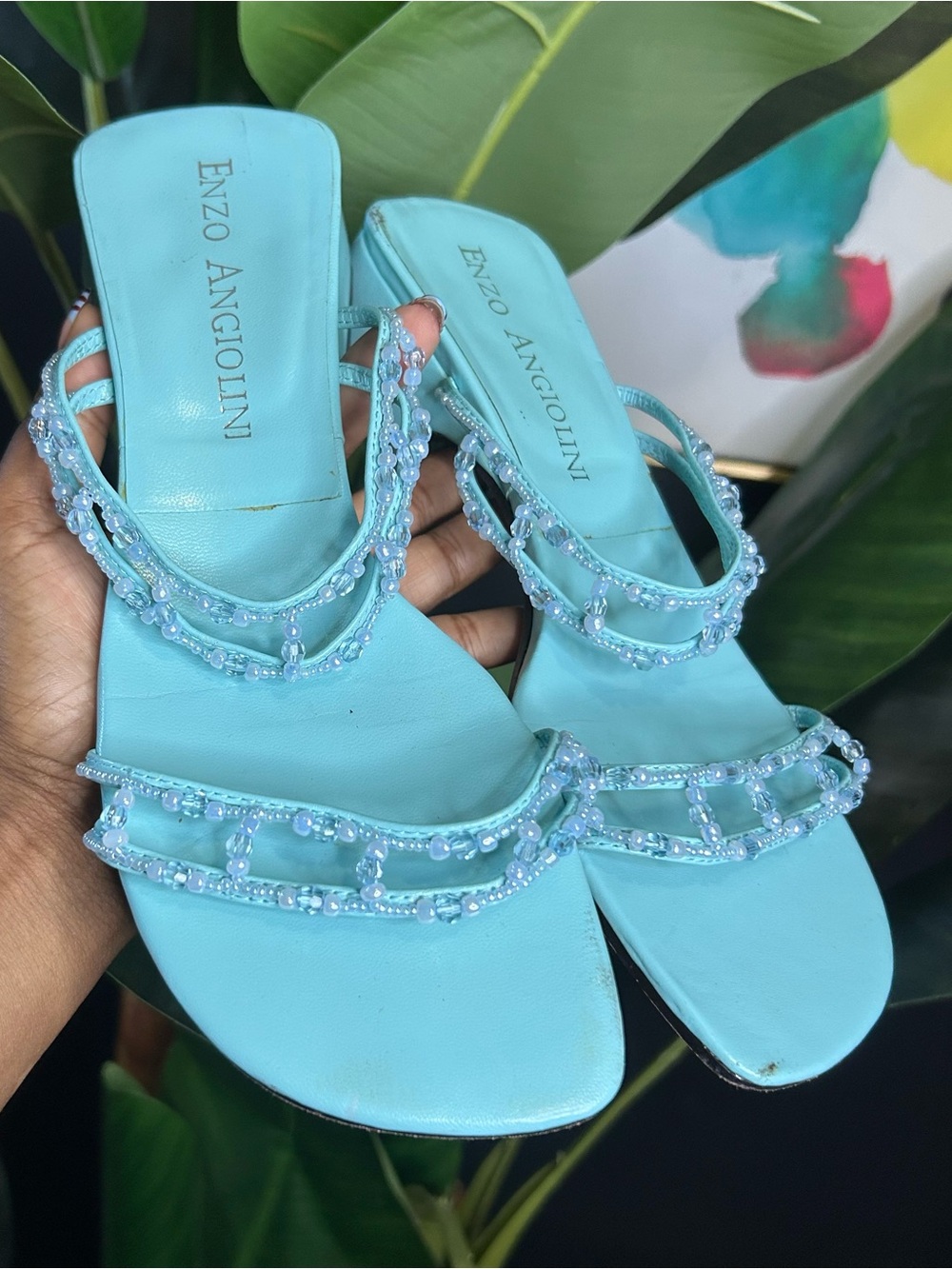 Enzo Angiolini Aqua Beaded Strappy Sandals